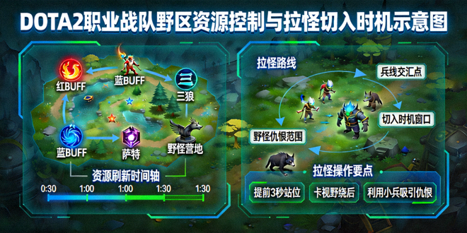 DOTA2职业战队野区资源控制与拉怪切入时机示意图
