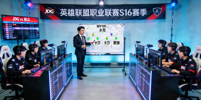 英雄联盟职业联赛S16赛季BP禁选战术分析现场画面